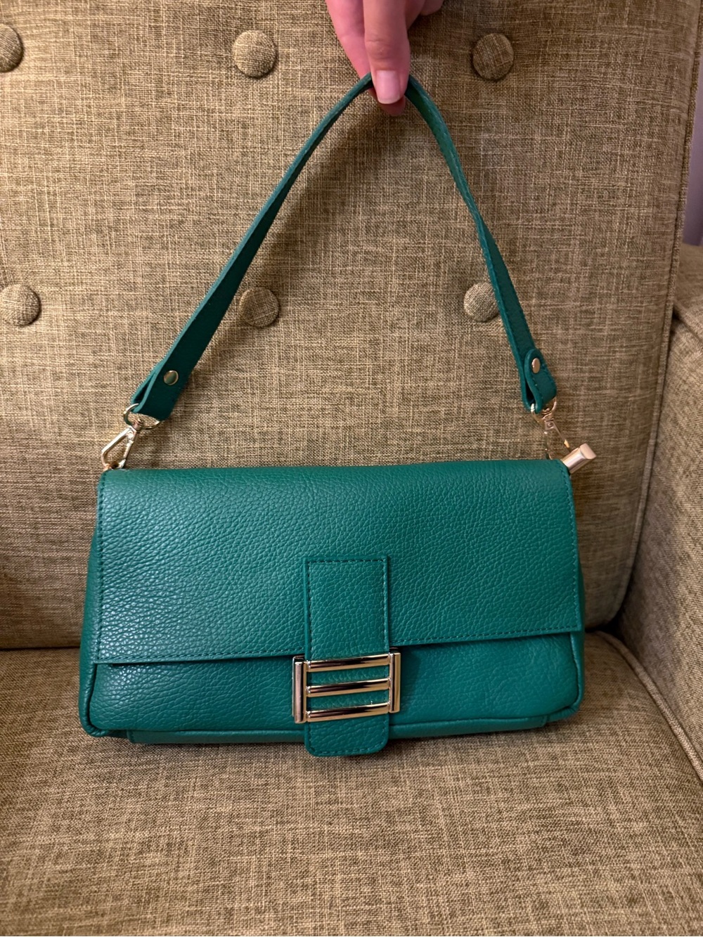 Green Leather Shoulder Bag with Gold Buckle